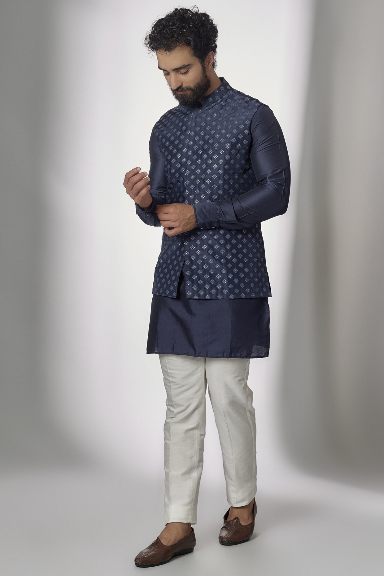 Navy Blue Dupion Silk Nehru Jacket Set For Boys by Spring Break- Kids