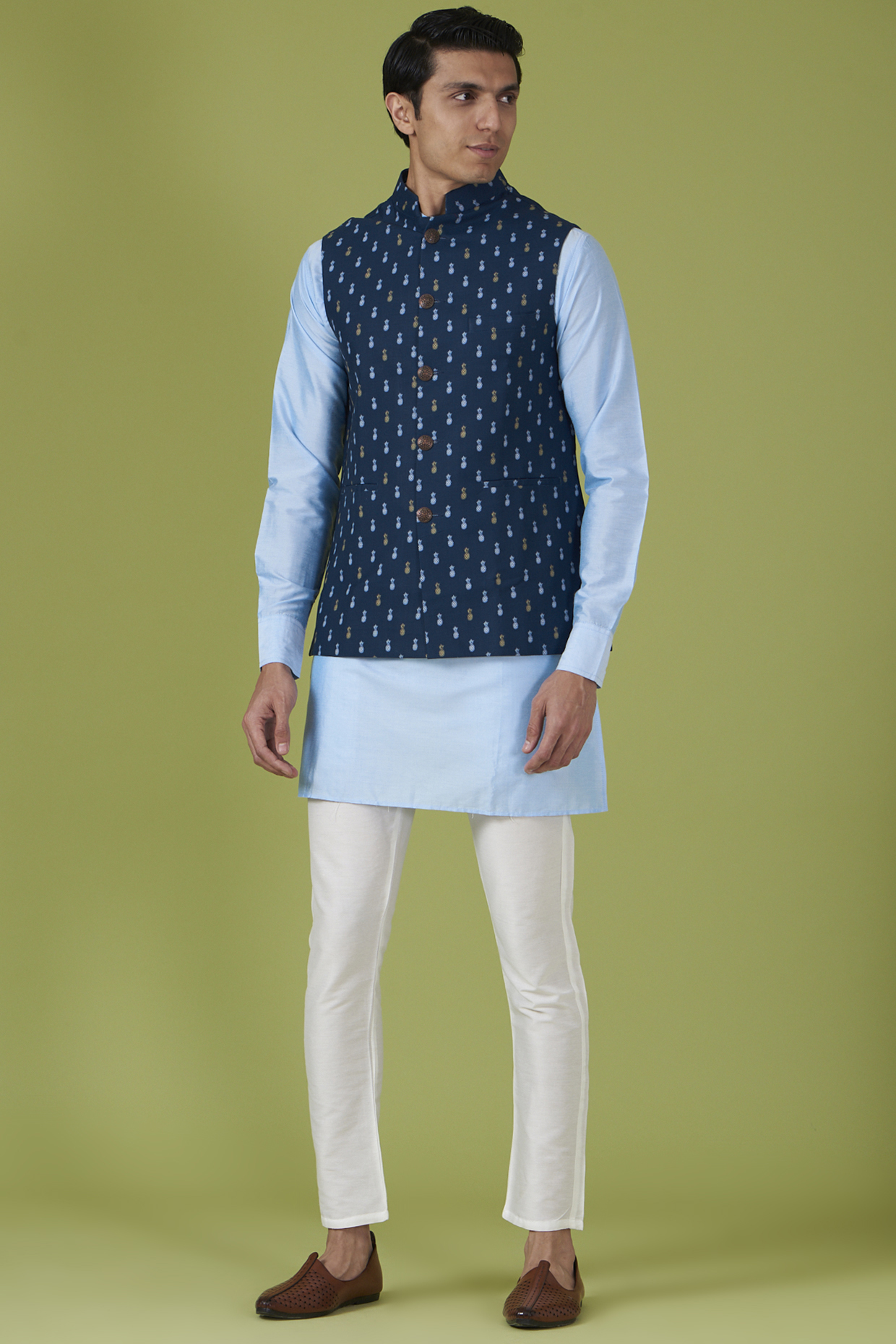 Navy Blue Art Silk Printed Bundi Set For Boys by Spring Break- Kids