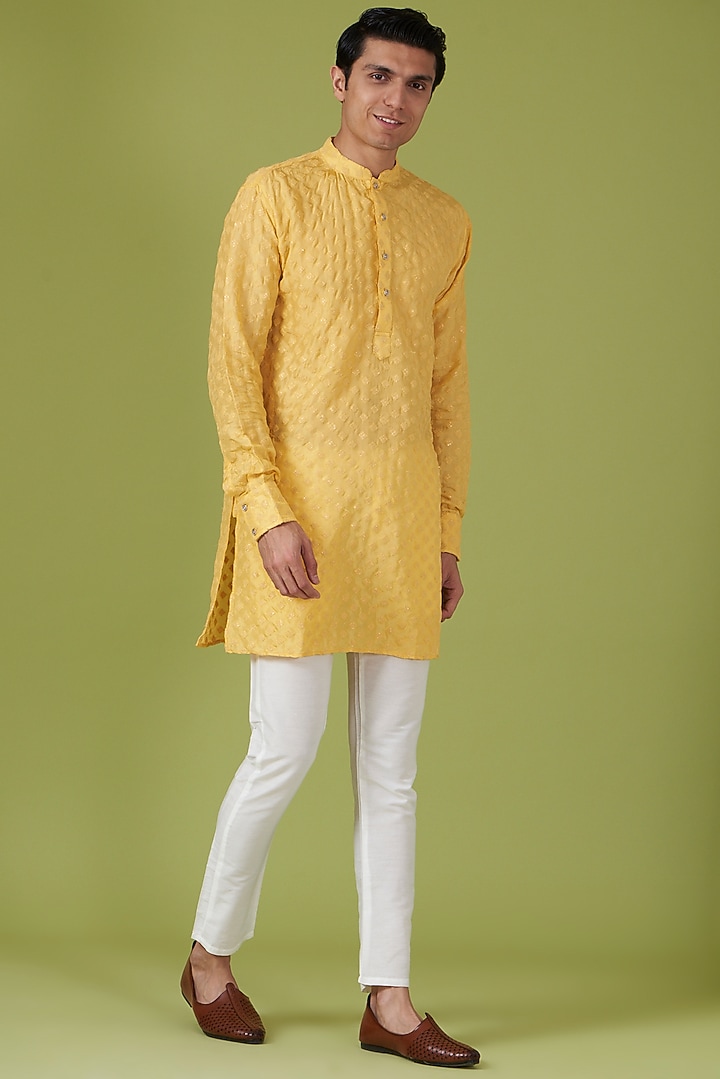 Yellow Art Silk Embroidered Kurta Set For Boys by Spring Break- Kids at Pernia's Pop Up Shop