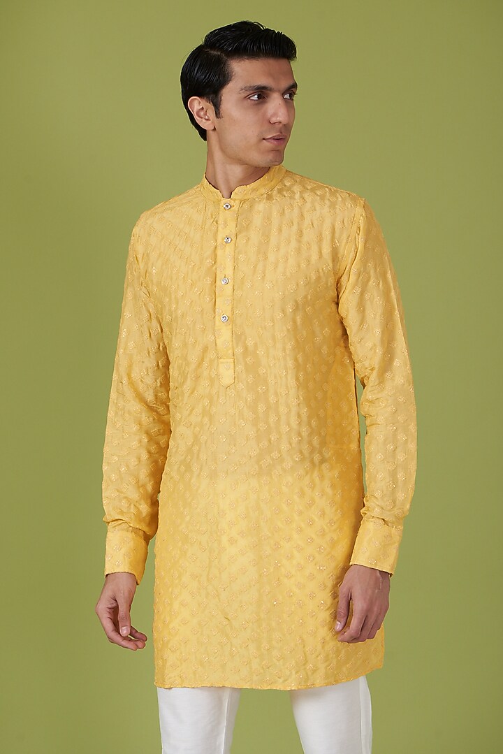 Yellow Art Silk Embroidered Kurta Set For Boys by Spring Break- Kids at Pernia's Pop Up Shop