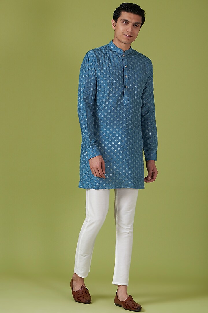 Blue Art Silk Embroidered Kurta Set For Boys by Spring Break- Kids