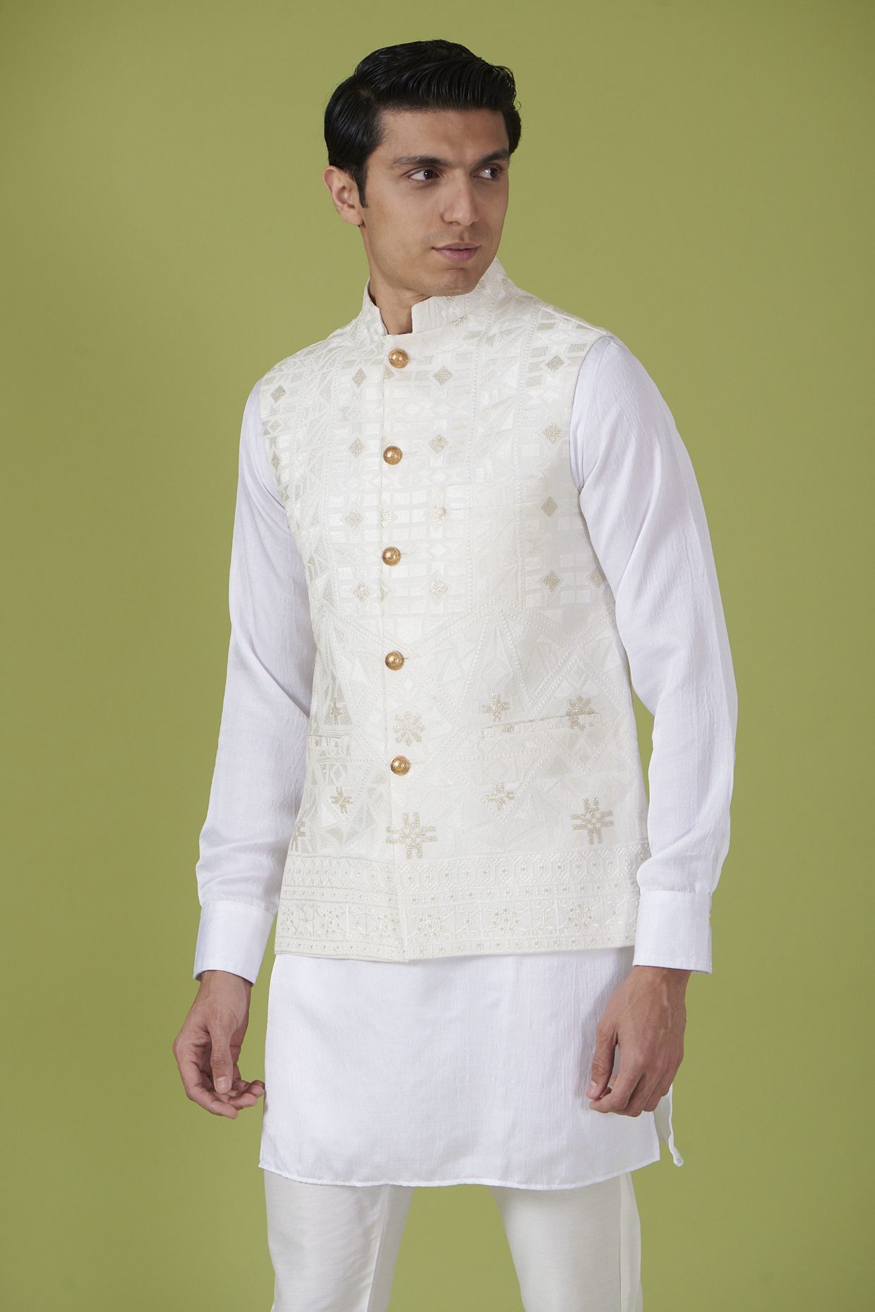 White Chikankari Embroidered Bundi Jacket For Boys by Spring Break- Kids