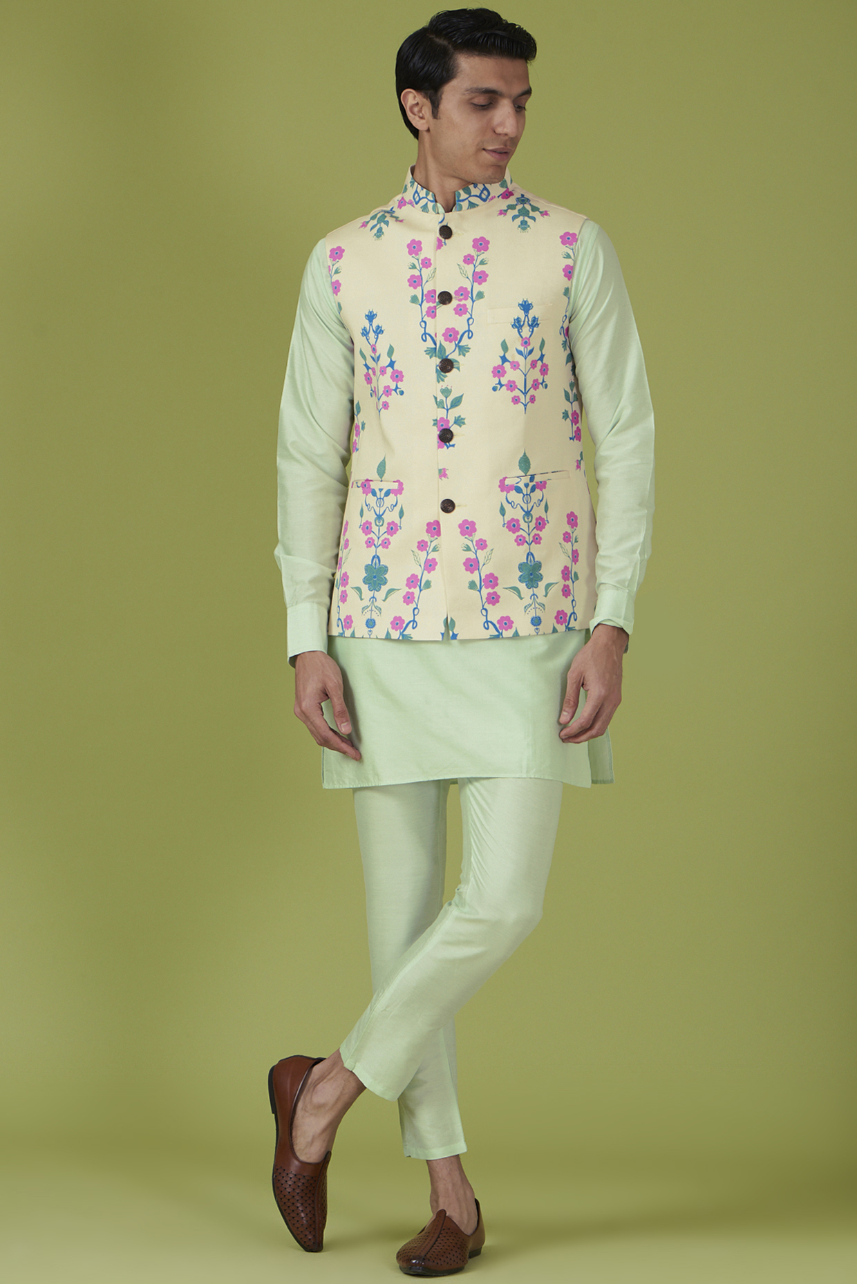 Beige Cotton Poly Printed Bundi Set For Boys by Spring Break- Kids