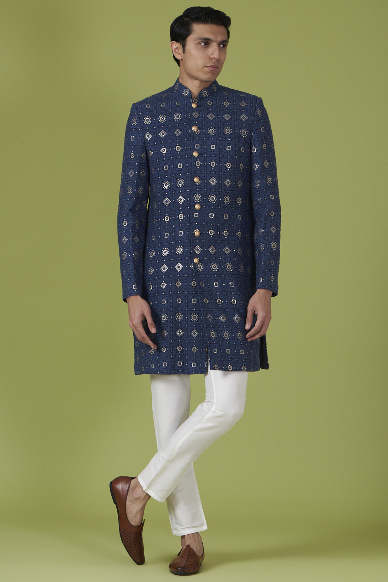 Navy Blue Cotton Polyester Embroidered Sherwani Set For Boys by Spring Break- Kids
