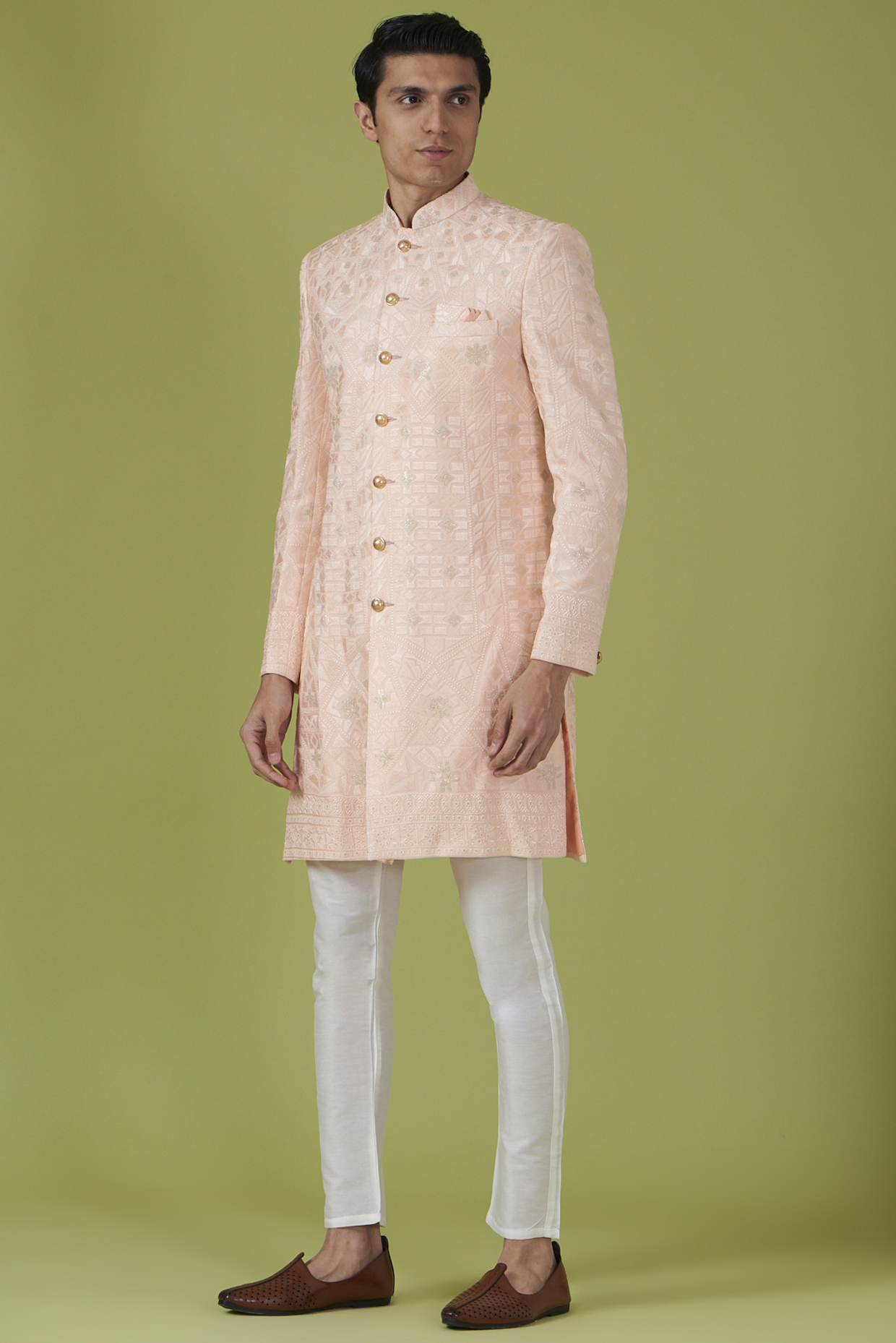 Light Pink Cotton Polyester Sherwani Set For Boys by Spring Break- Kids