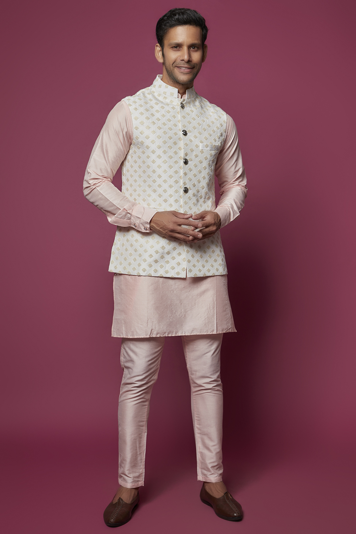 White Dupion Silk Embroidered Bundi Jacket Set For Boys by Spring Break- Kids