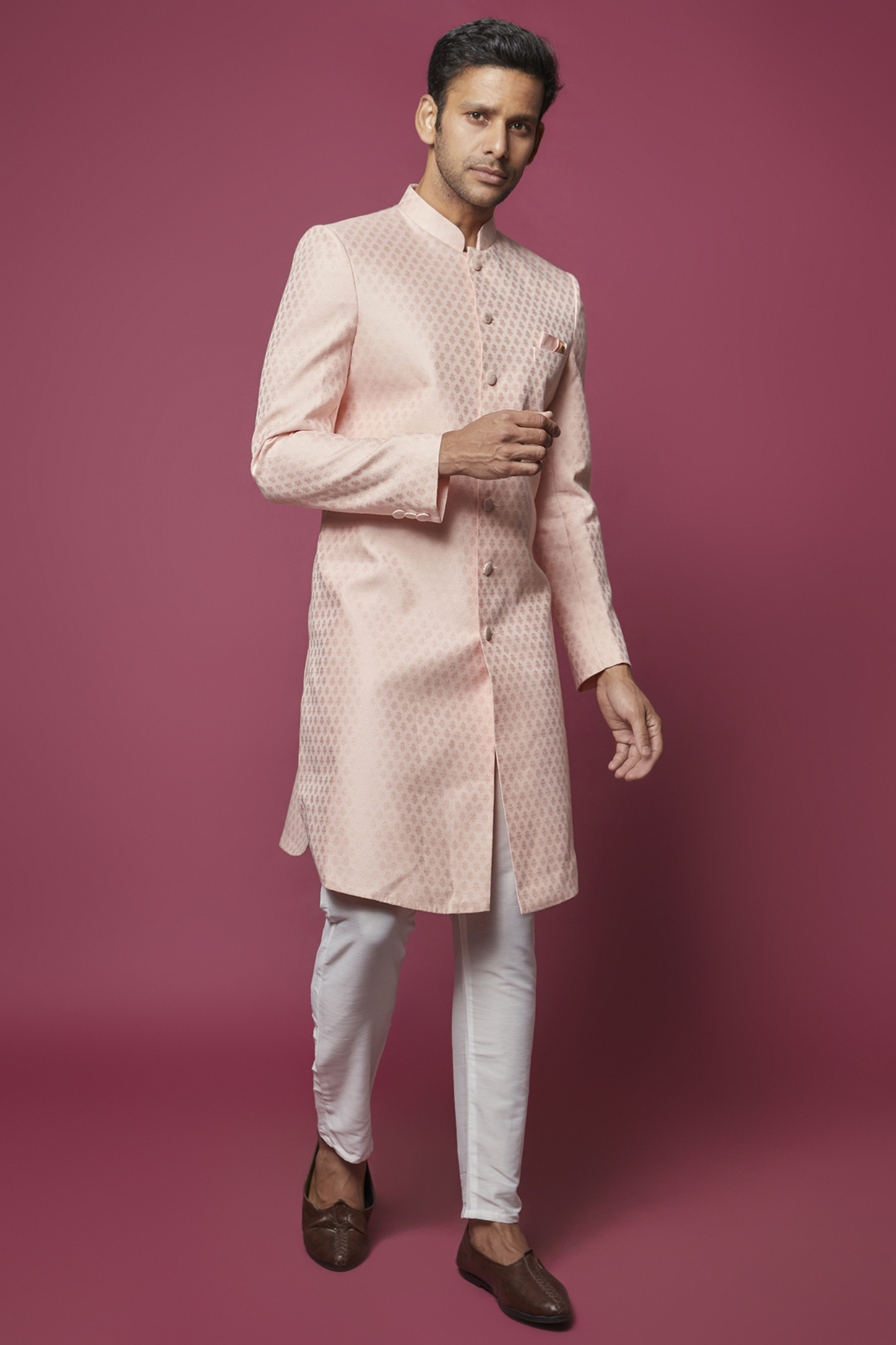Light Pink Jacquard Sherwani Set For Boys by Spring Break- Kids