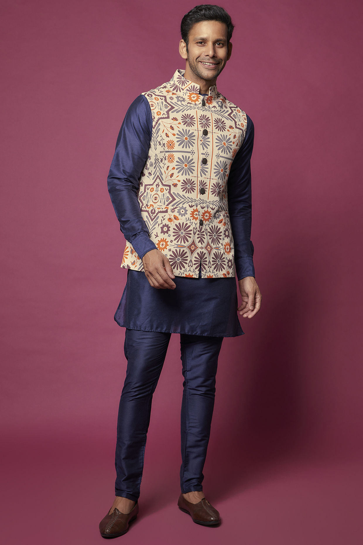Beige Dupion Silk Floral Bundi Jacket Set For Boys by Spring Break- Kids