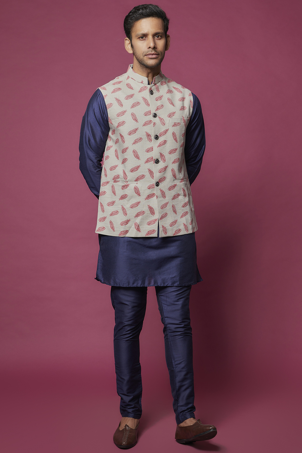 Beige Cotton Leaf Printed Bundi Jacket Set For Boys by Spring Break- Kids