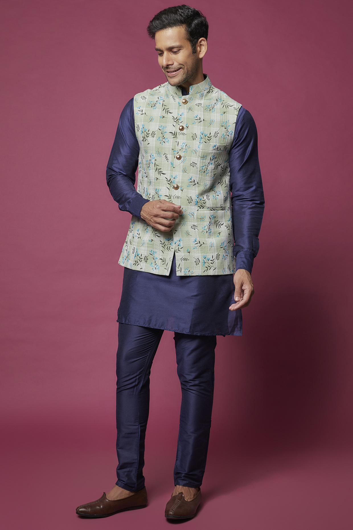Mint Green Cotton Floral Printed Bundi Jacket Set For Boys by Spring Break- Kids