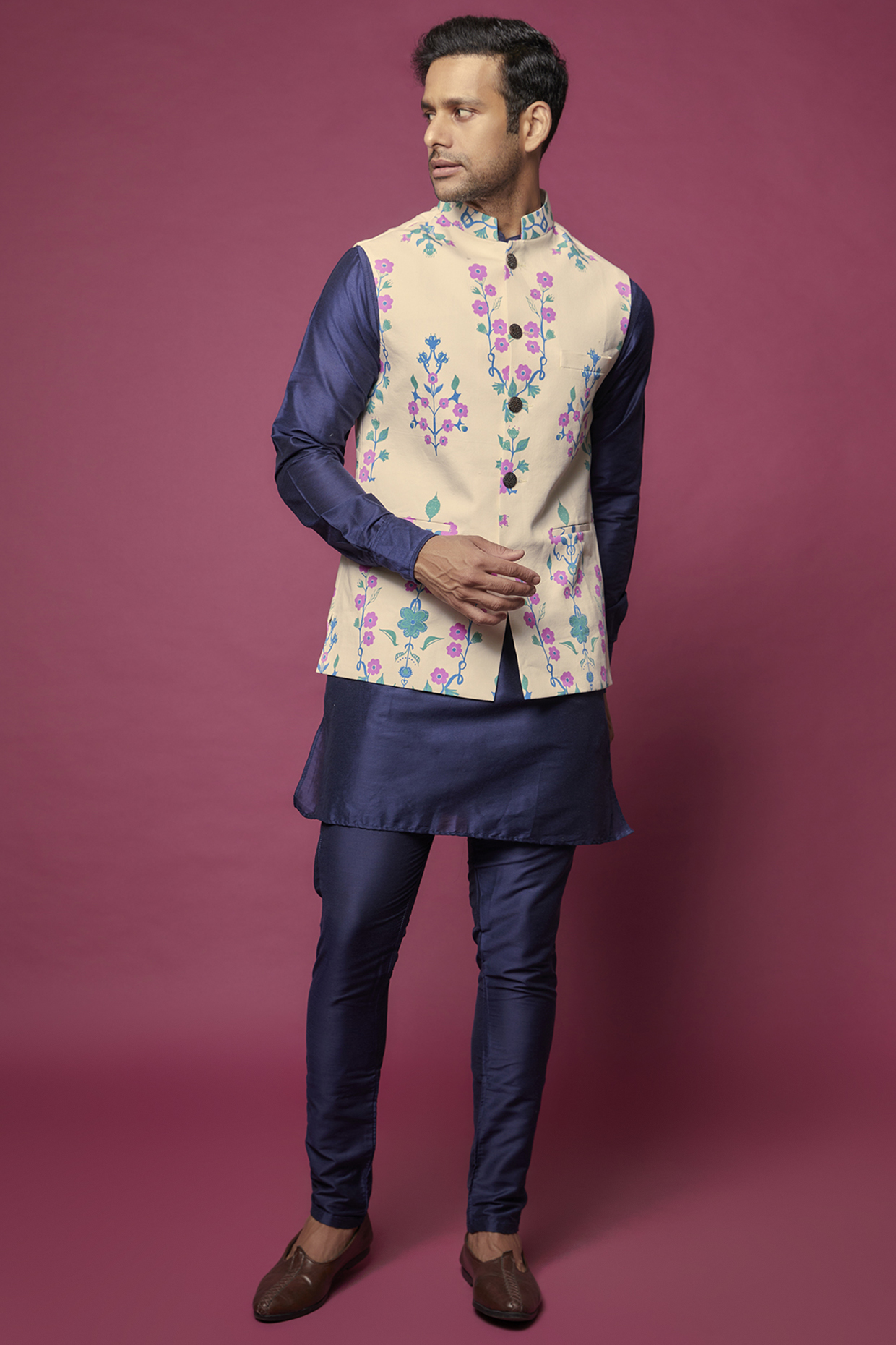 Cream Dupion Silk Floral Printed Bundi Jacket Set For Boys by Spring Break- Kids