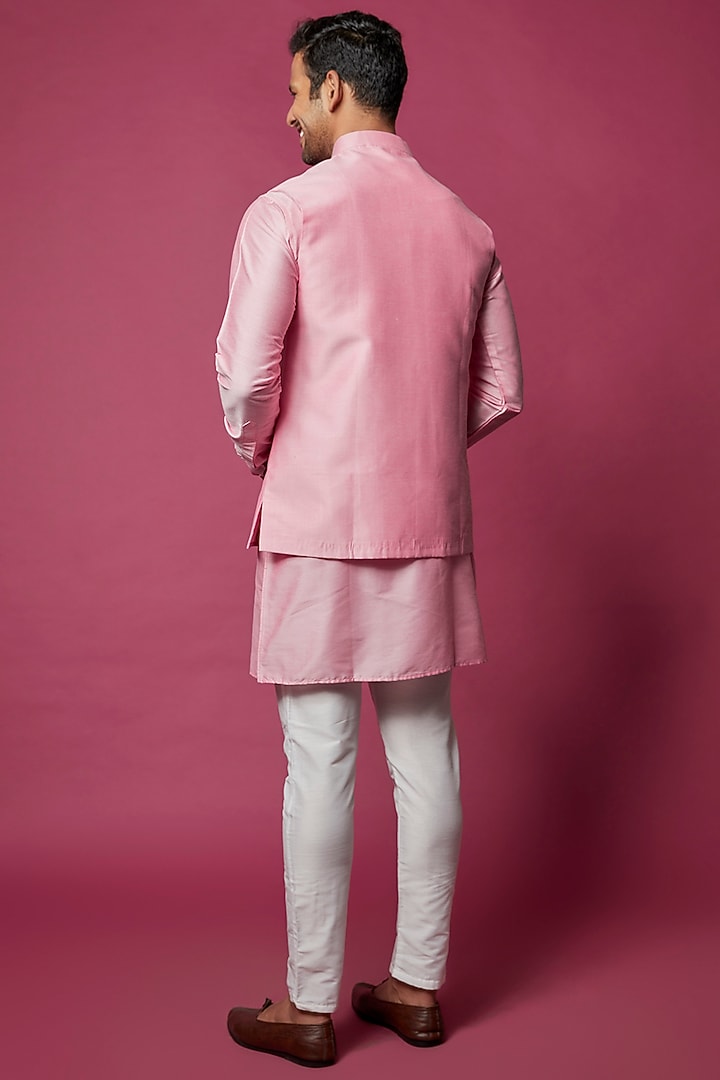 Pink Cotton Silk Bundi Jacket Set For Boys by Spring Break- Kids at Pernia's Pop Up Shop