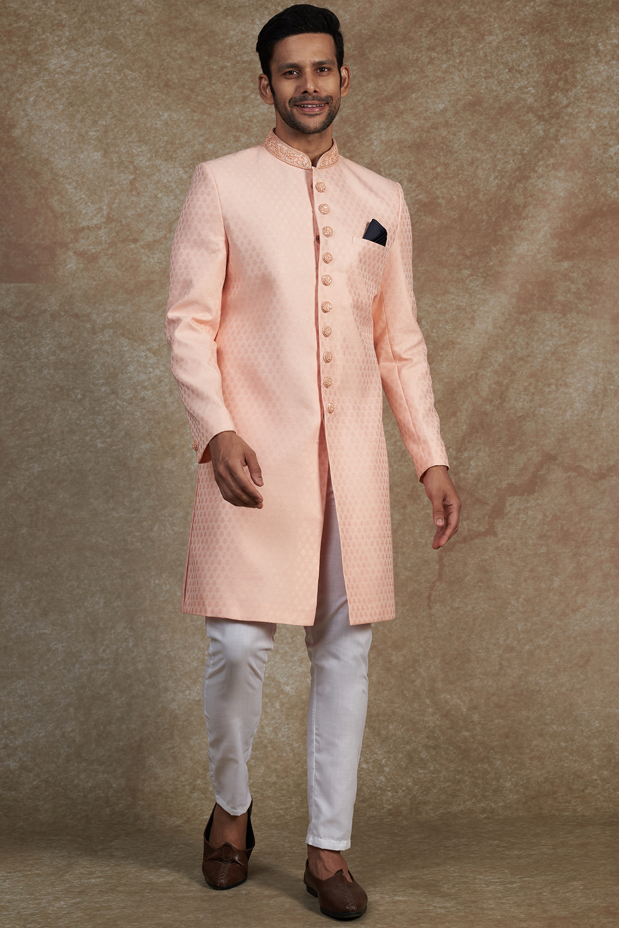 Pink Jacquard Embroidered Sherwani Set For Boys by Spring Break- Kids