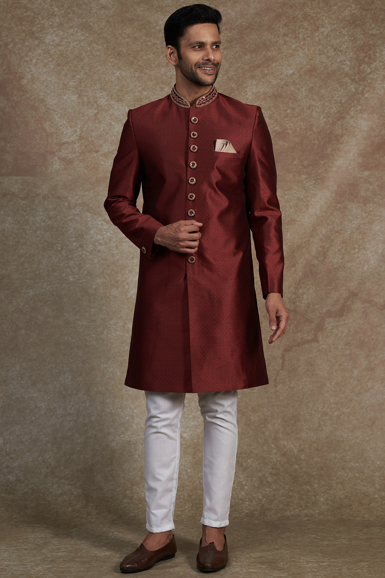 Maroon Jacquard Embroidered Sherwani Set For Boys by Spring Break- Kids
