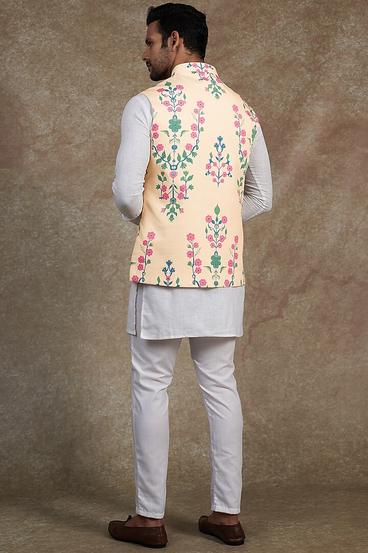 Cream Cotton Silk Printed Bundi Jacket Set For Boys by Spring Break- Kids at Pernia's Pop Up Shop