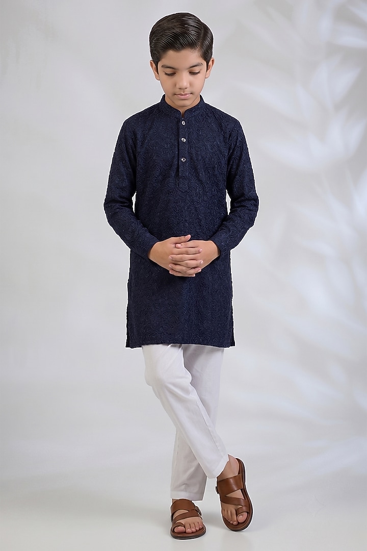 Navy Blue Blended Silk Machine Embroidered Kurta Set For Boys by Spring Break- Kids at Pernia's Pop Up Shop