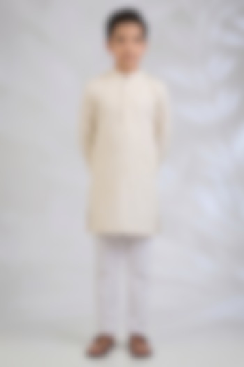 White Blended Silk Sequins Embroidered Kurta Set For Boys by Spring Break- Kids at Pernia's Pop Up Shop