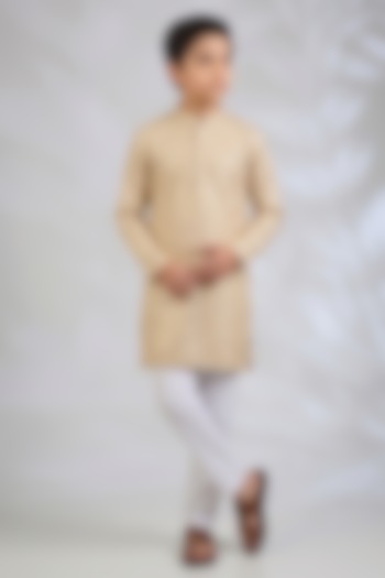 Peach Blended Silk Sequins Embroidered Kurta Set For Boys by Spring Break- Kids at Pernia's Pop Up Shop