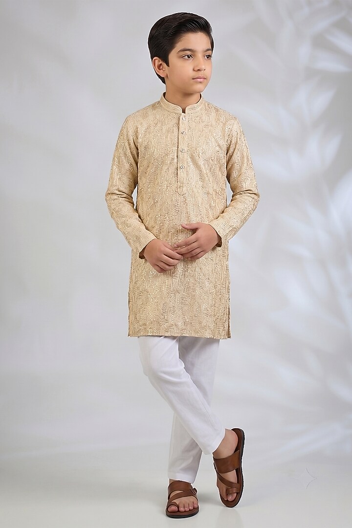 Peach Blended Silk Sequins Embroidered Kurta Set For Boys by Spring Break- Kids at Pernia's Pop Up Shop