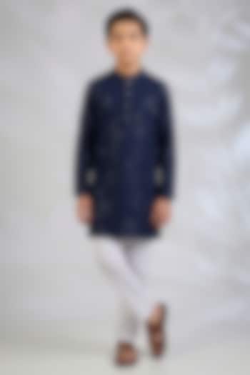 Navy Blue Blended Silk Sequins Embroidered Kurta Set For Boys by Spring Break- Kids at Pernia's Pop Up Shop