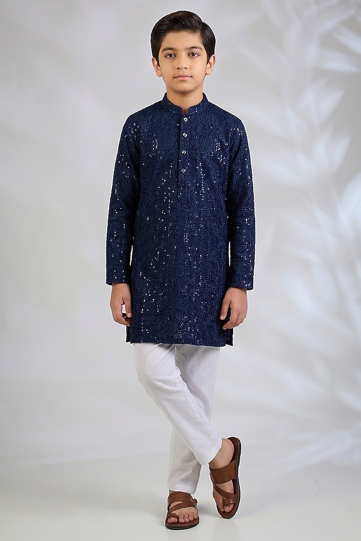 Navy Blue Blended Silk Sequins Embroidered Kurta Set For Boys by Spring Break- Kids at Pernia's Pop Up Shop