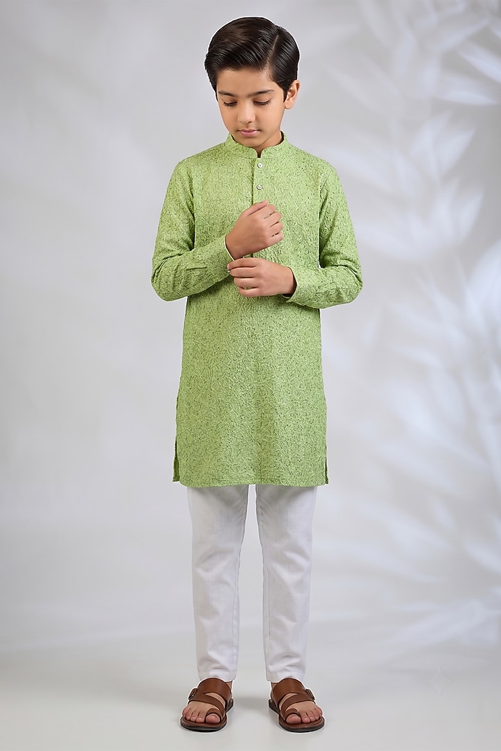 Mint Green Blended Silk Machine Embroidered Kurta Set For Boys by Spring Break- Kids at Pernia's Pop Up Shop