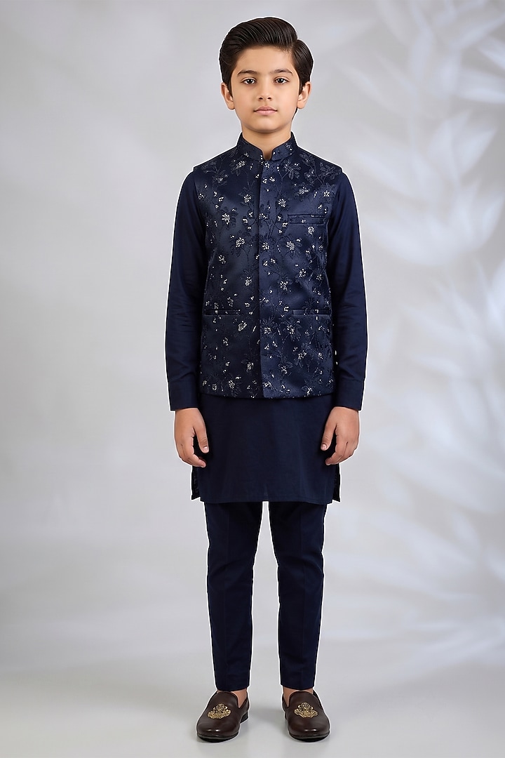 Navy Blue Blended Silk Floral Embroidered Bundi Jacket Set For Boys by Spring Break- Kids at Pernia's Pop Up Shop