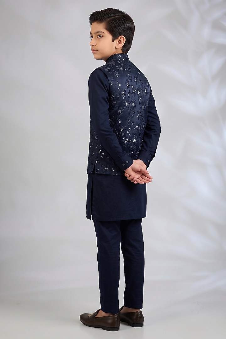 Navy Blue Blended Silk Floral Embroidered Bundi Jacket Set For Boys by Spring Break- Kids at Pernia's Pop Up Shop