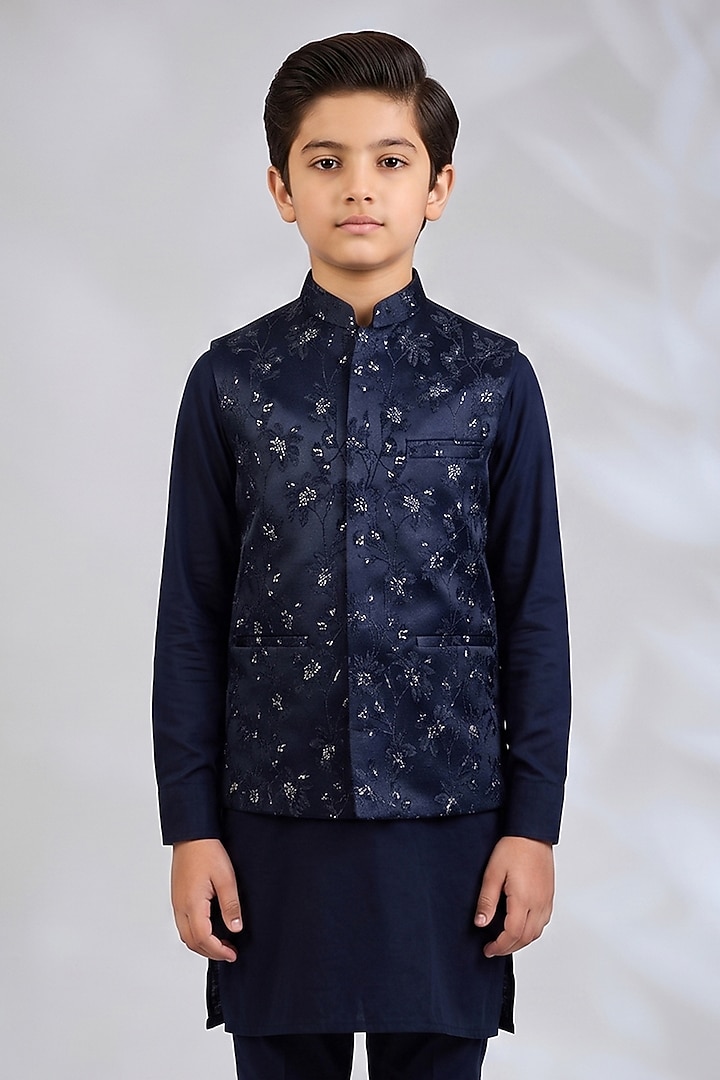 Navy Blue Blended Silk Floral Embroidered Bundi Jacket Set For Boys by Spring Break- Kids at Pernia's Pop Up Shop