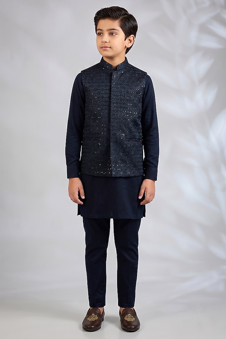 Navy Blue Blended Silk Geometric Embroidered Bundi Jacket Set For Boys by Spring Break- Kids at Pernia's Pop Up Shop