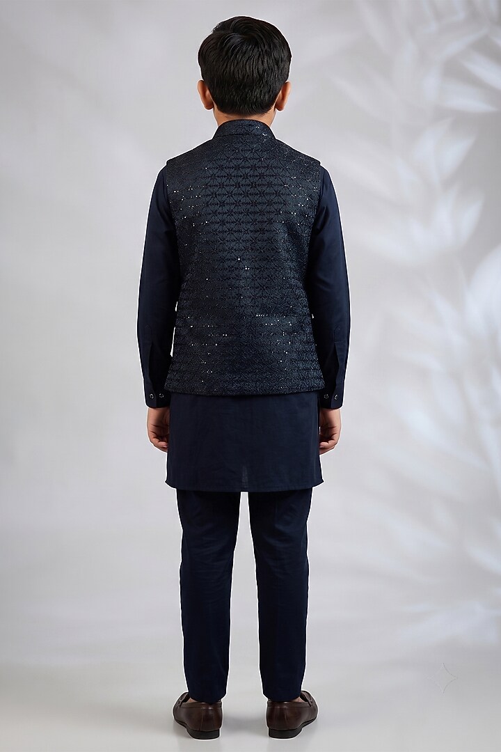 Navy Blue Blended Silk Geometric Embroidered Bundi Jacket Set For Boys by Spring Break- Kids at Pernia's Pop Up Shop