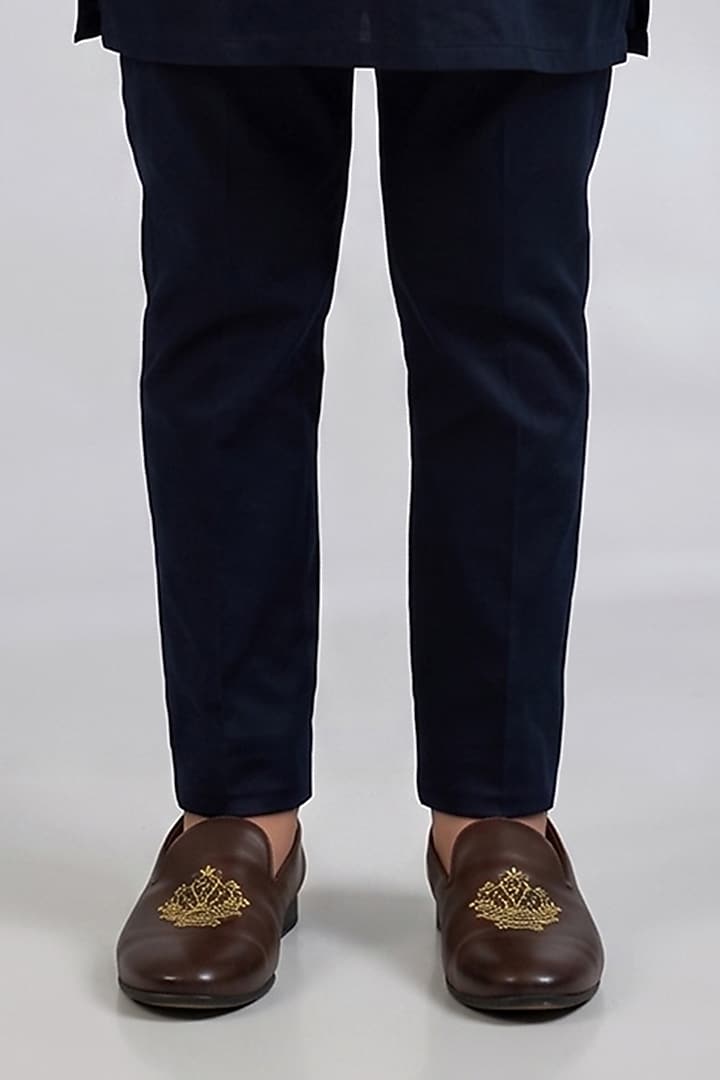 Navy Blue Blended Silk Geometric Embroidered Bundi Jacket Set For Boys by Spring Break- Kids at Pernia's Pop Up Shop