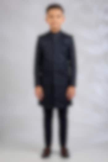 Navy Blue Blended Silk Geometric Embroidered Sherwani Set For Boys by Spring Break- Kids at Pernia's Pop Up Shop