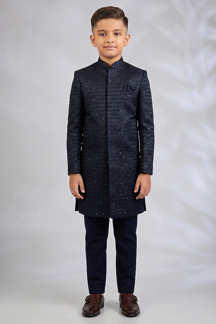 Navy Blue Blended Silk Geometric Embroidered Sherwani Set For Boys by Spring Break- Kids at Pernia's Pop Up Shop