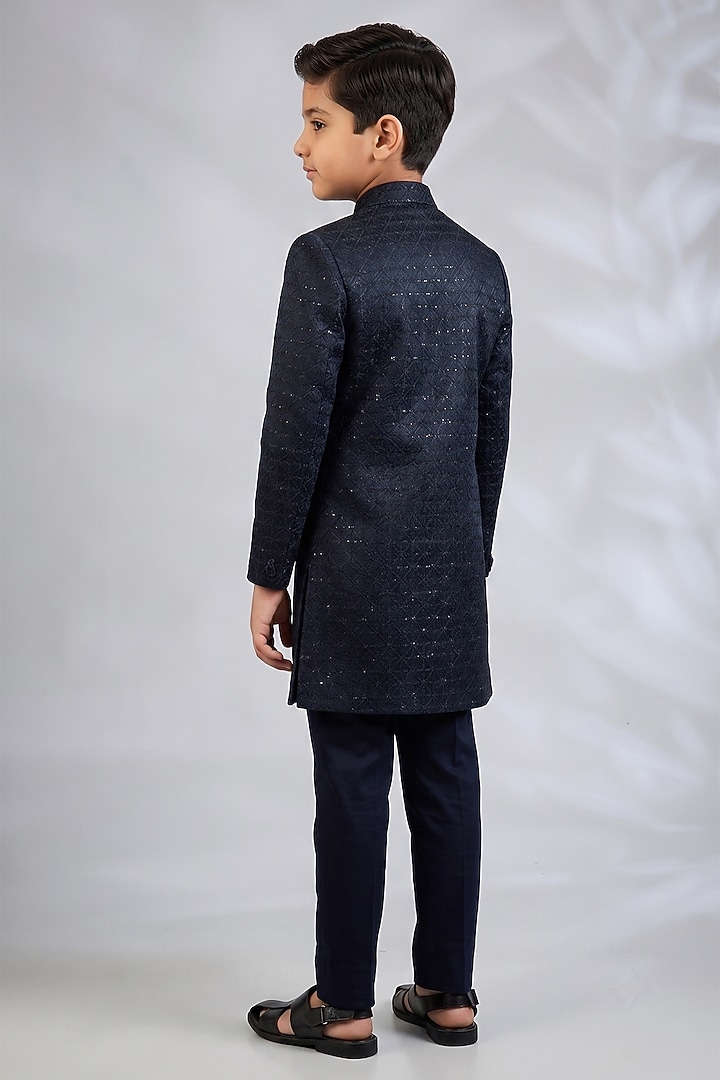 Navy Blue Blended Silk Geometric Embroidered Sherwani Set For Boys by Spring Break- Kids at Pernia's Pop Up Shop