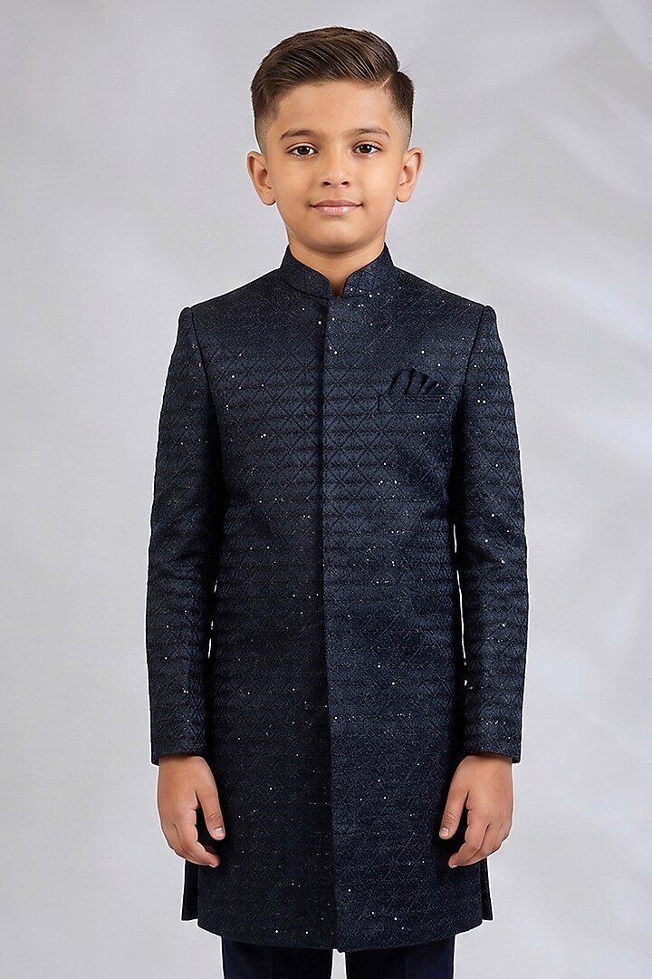 Navy Blue Blended Silk Geometric Embroidered Sherwani Set For Boys by Spring Break- Kids at Pernia's Pop Up Shop