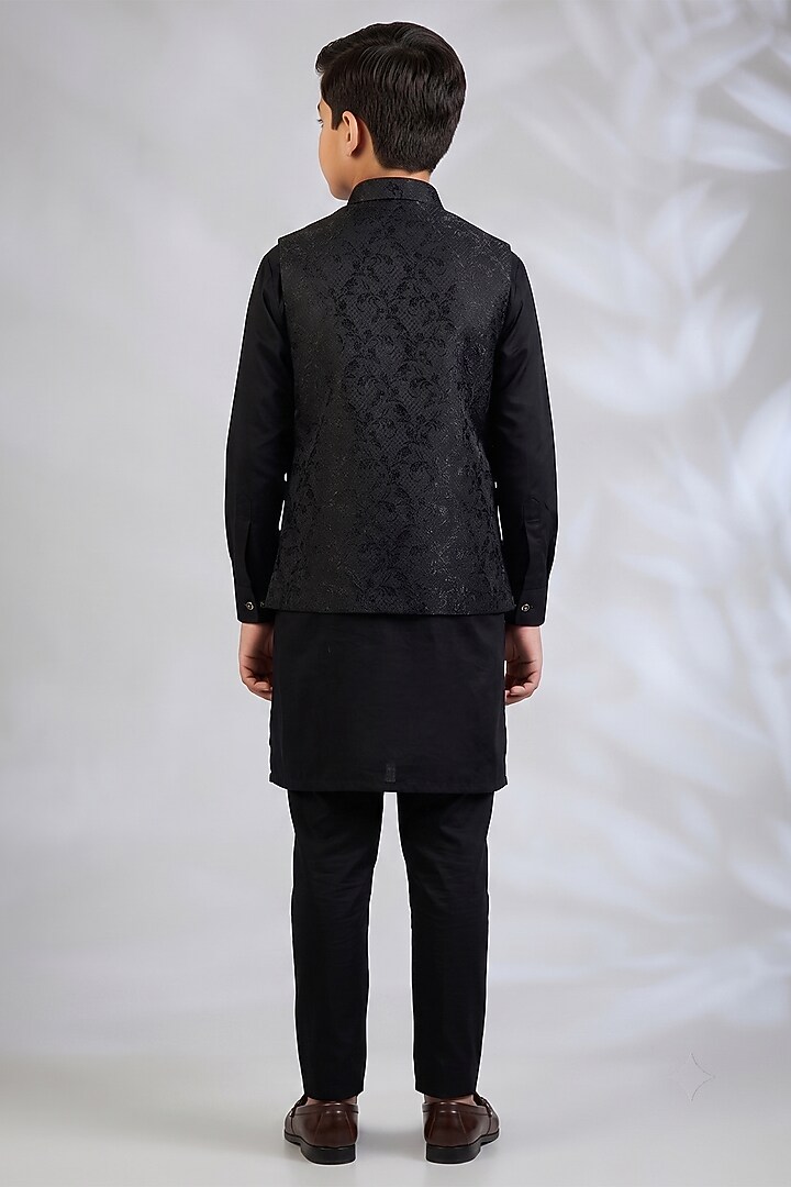 Black Blended Silk Embroidered Bundi Jacket Set For Boys by Spring Break- Kids at Pernia's Pop Up Shop