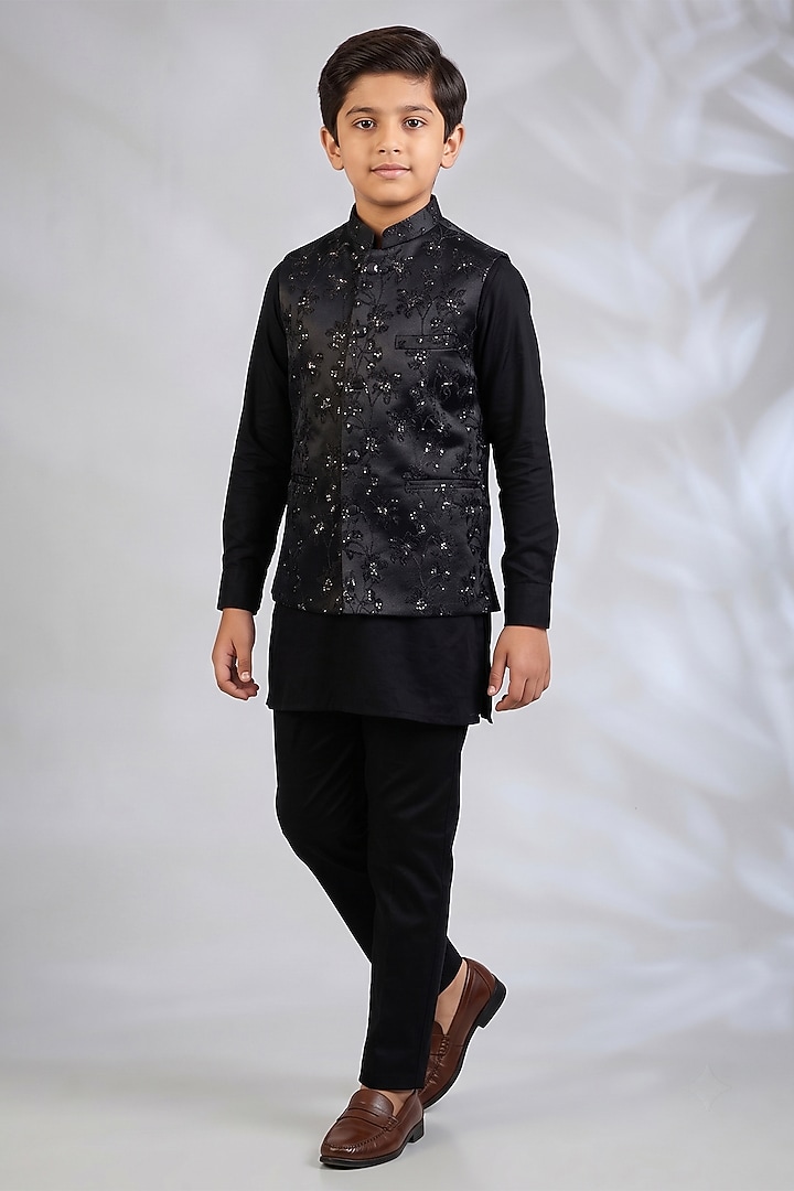 Navy Blue Blended Silk Floral Embroidered Bundi Jacket Set For Boys by Spring Break- Kids at Pernia's Pop Up Shop