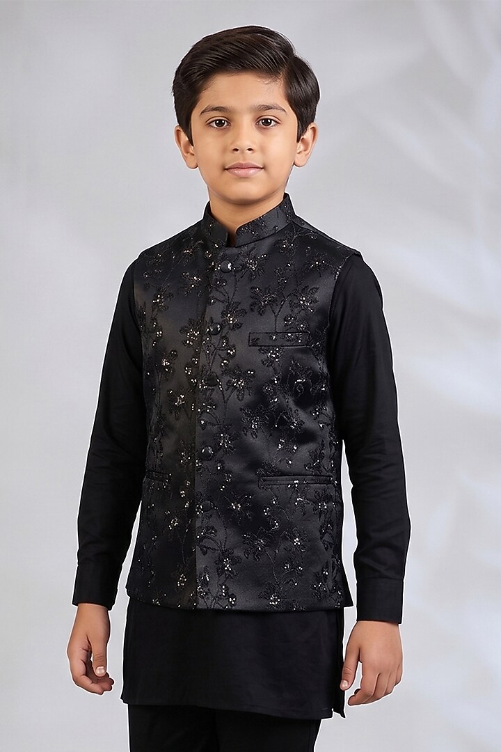 Navy Blue Blended Silk Floral Embroidered Bundi Jacket Set For Boys by Spring Break- Kids at Pernia's Pop Up Shop