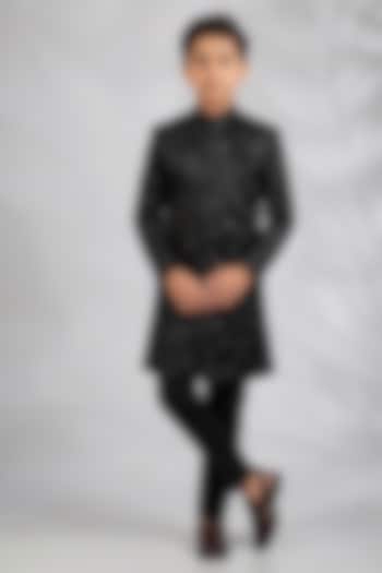 Black Blended Silk Floral Embroidered Sherwani Set For Boys by Spring Break- Kids at Pernia's Pop Up Shop