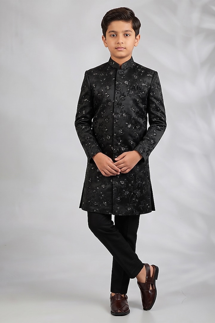 Black Blended Silk Floral Embroidered Sherwani Set For Boys by Spring Break- Kids at Pernia's Pop Up Shop