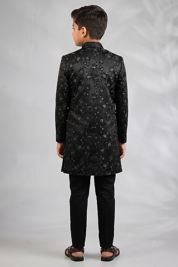 Black Blended Silk Floral Embroidered Sherwani Set For Boys by Spring Break- Kids at Pernia's Pop Up Shop
