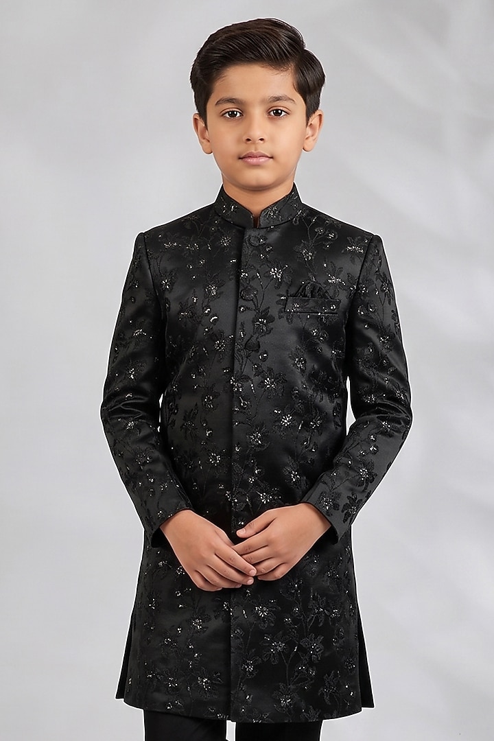 Black Blended Silk Floral Embroidered Sherwani Set For Boys by Spring Break- Kids at Pernia's Pop Up Shop