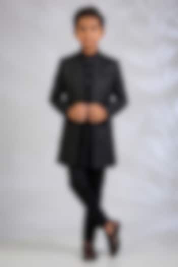 Black Blended Silk Embroidered Indowestern Set For Boys by Spring Break- Kids at Pernia's Pop Up Shop