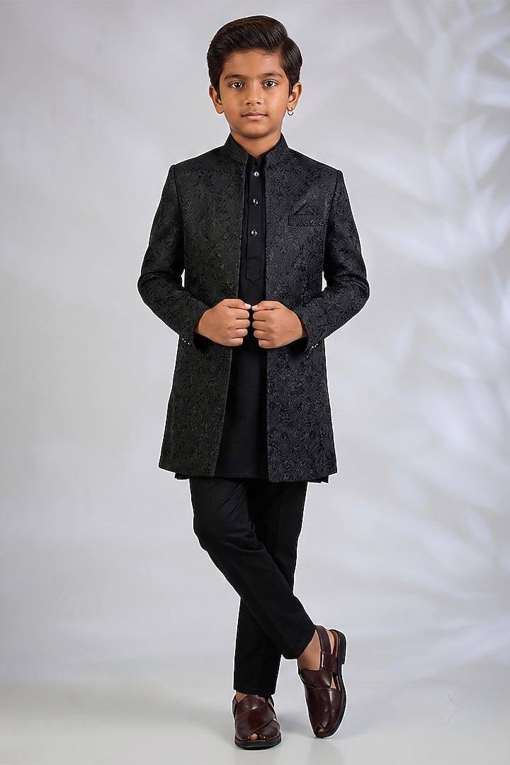 Black Blended Silk Embroidered Indowestern Set For Boys by Spring Break- Kids at Pernia's Pop Up Shop