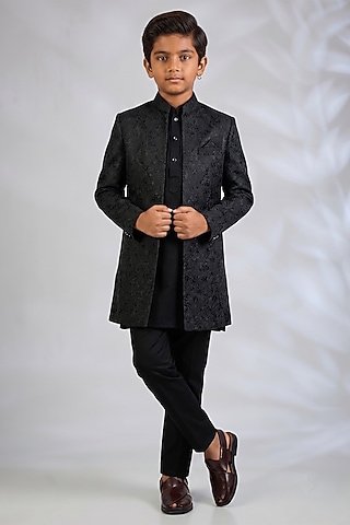 Black Blended Silk Embroidered Indowestern Set For Boys by Spring Break- Kids