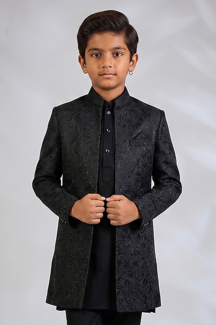 Black Blended Silk Embroidered Indowestern Set For Boys by Spring Break- Kids at Pernia's Pop Up Shop
