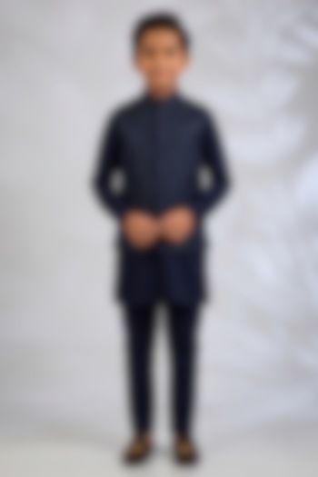 Navy Blue Blended Silk Embroidered Bundi Jacket Set For Boys by Spring Break- Kids at Pernia's Pop Up Shop