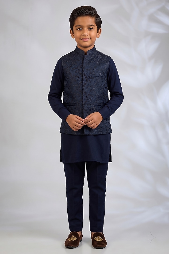 Navy Blue Blended Silk Embroidered Bundi Jacket Set For Boys by Spring Break- Kids at Pernia's Pop Up Shop