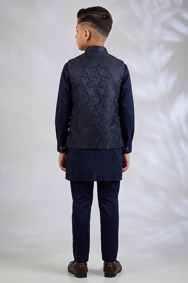 Navy Blue Blended Silk Embroidered Bundi Jacket Set For Boys by Spring Break- Kids at Pernia's Pop Up Shop